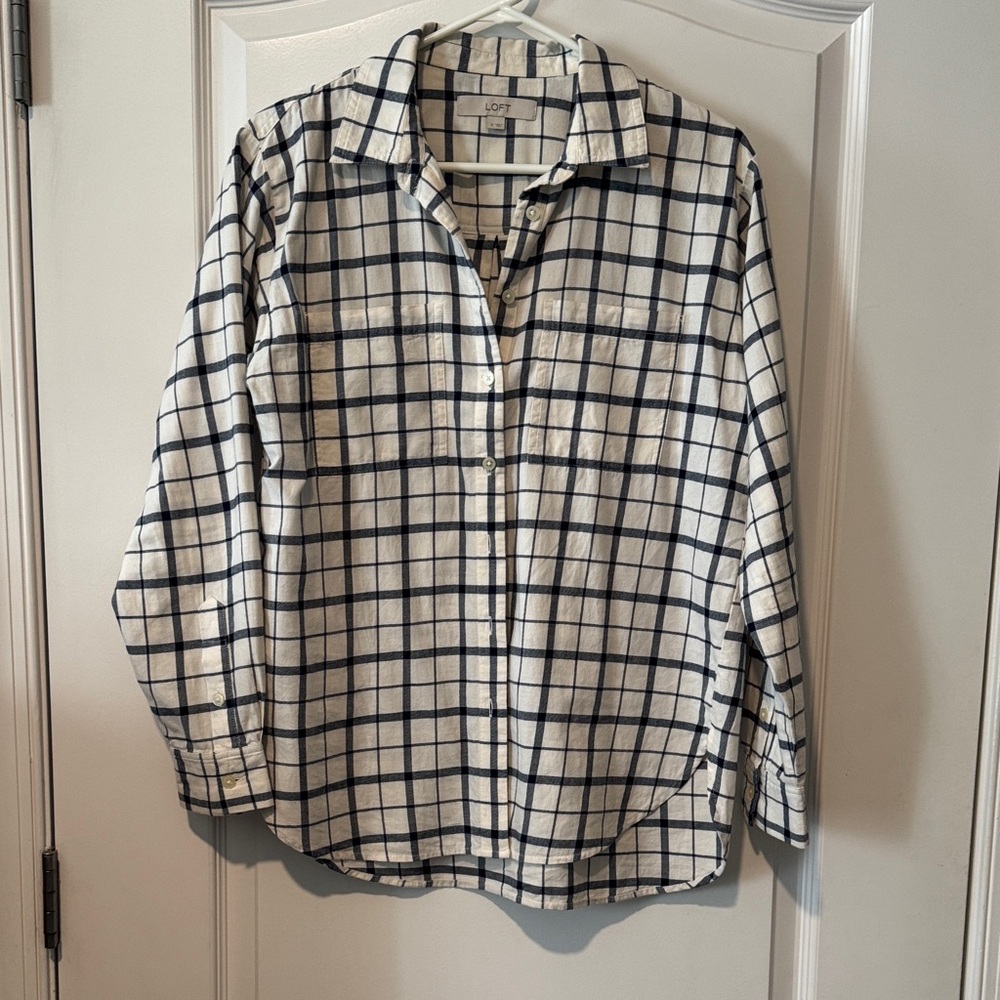 LOFT Navy blue and White Plaid Cotton Shirt